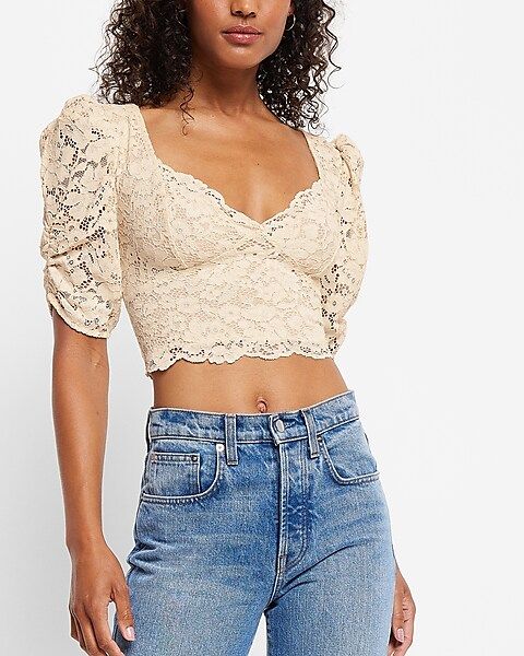 Allover Lace Puff Sleeve Cropped Top | Express