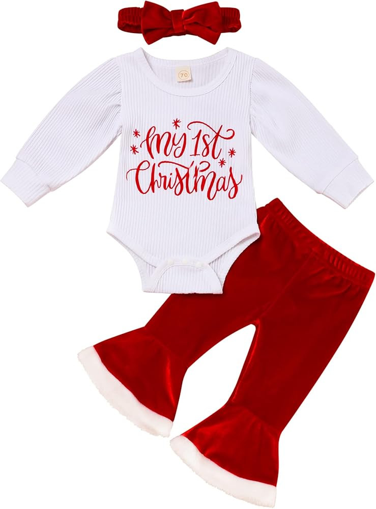 My First Christmas Outfit Newborn Baby Girl Bodysuit Snowflake Plaid Ruffle Bell Bottom Pants Hea... | Amazon (US)