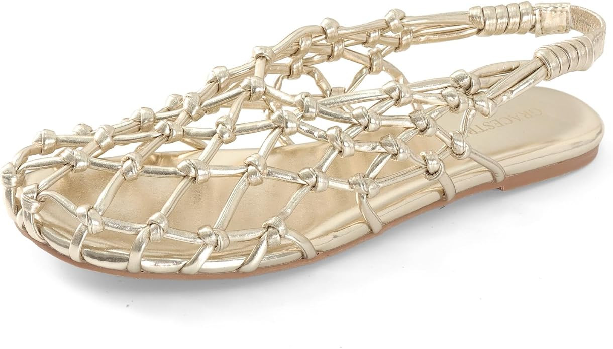 Women's Mesh Ballet Flat Sandals – Slingback Strap Flat Heel with Leather-Woven Design & Cushio... | Amazon (US)