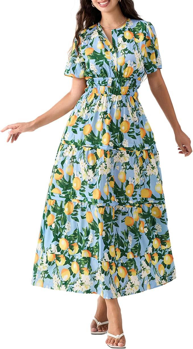 Owl's-Yard Women's Summer Boho Long Dress Smocked Tiered V Neck Flowy Maxi Dresses with Pockets 2... | Amazon (US)