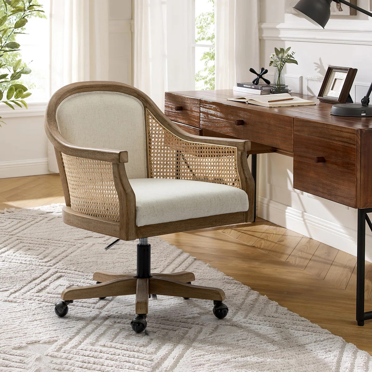 Ackeron Farmhouse 23.5"W Rattan Upholstered Office Task Chair with Solid Wood Arms and Base | Wayfair North America