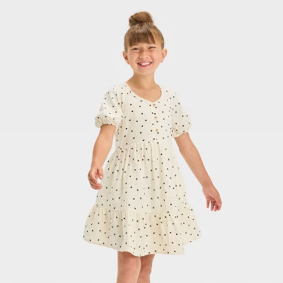 Girls' Short Sleeve Heart Woven Gauze Dress - Cat & Jack™ Cream M | Target