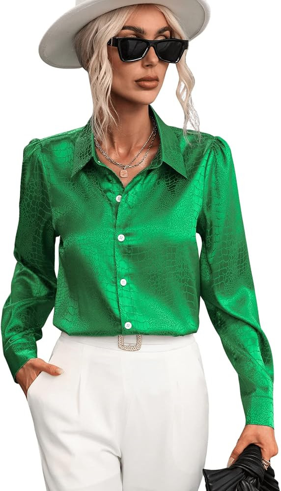 Floerns Women's Satin Jacquard Puff Long Sleeve Button Front Shirt Blouse Top | Amazon (US)