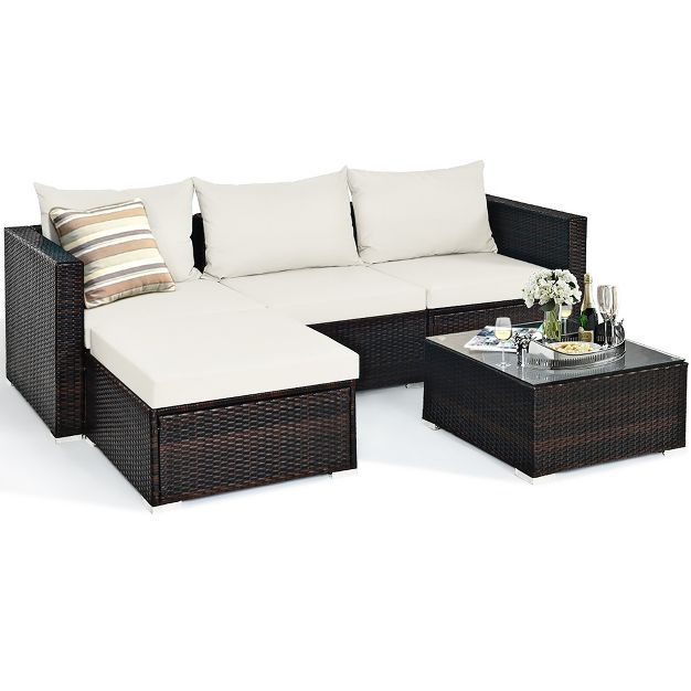 5PCS Patio Rattan Furniture Set Sectional Conversation Sofa w/ Coffee Table Red\ Navy | Target