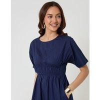 Threadbare Elasticated Waist Pure Cotton Midi Dress in Navy | Threadbare UK