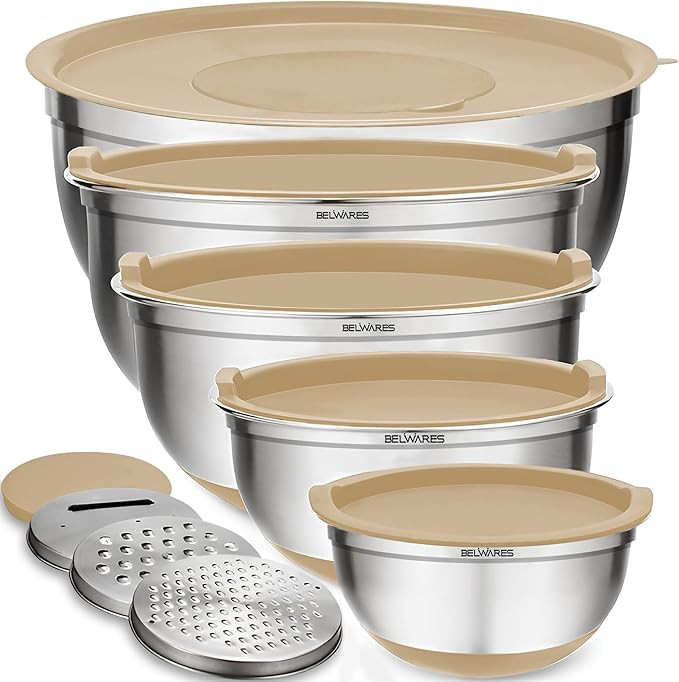 Belwares Mixing Bowls with Lids Set of 5 - Nesting Bowls with Airtight Lids and Graters - Stainle... | Amazon (US)