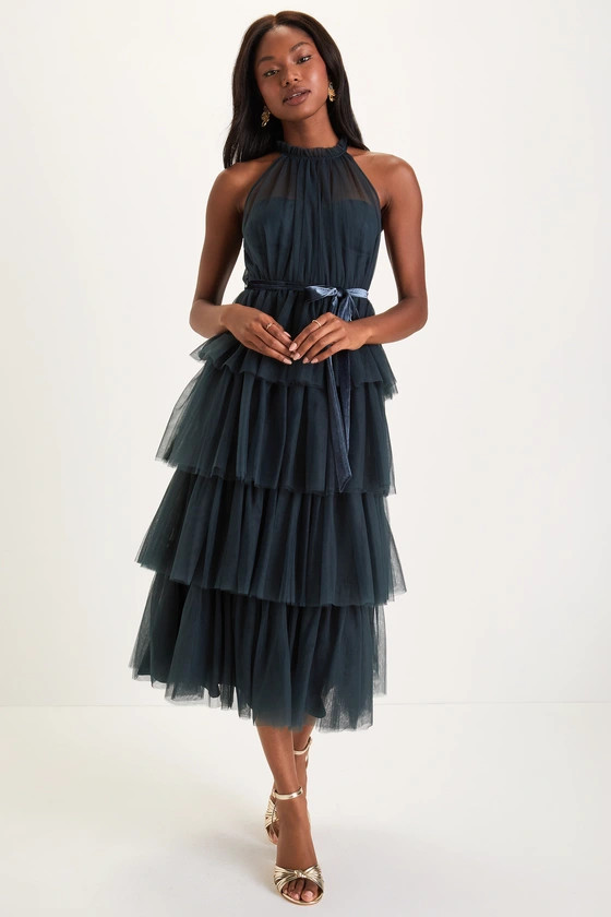 Wondrous Glamour Teal Green Tulle Tiered Halter Midi Dress | Lulus (US)
