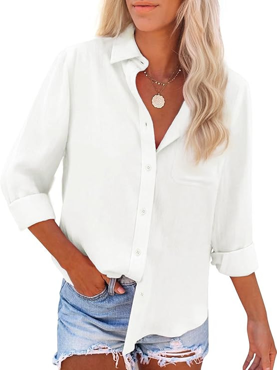Womens Button Down Shirts Cotton Linen Long Sleeve Dress Shirts Casual Summer Tops Work Blouses w... | Amazon (US)