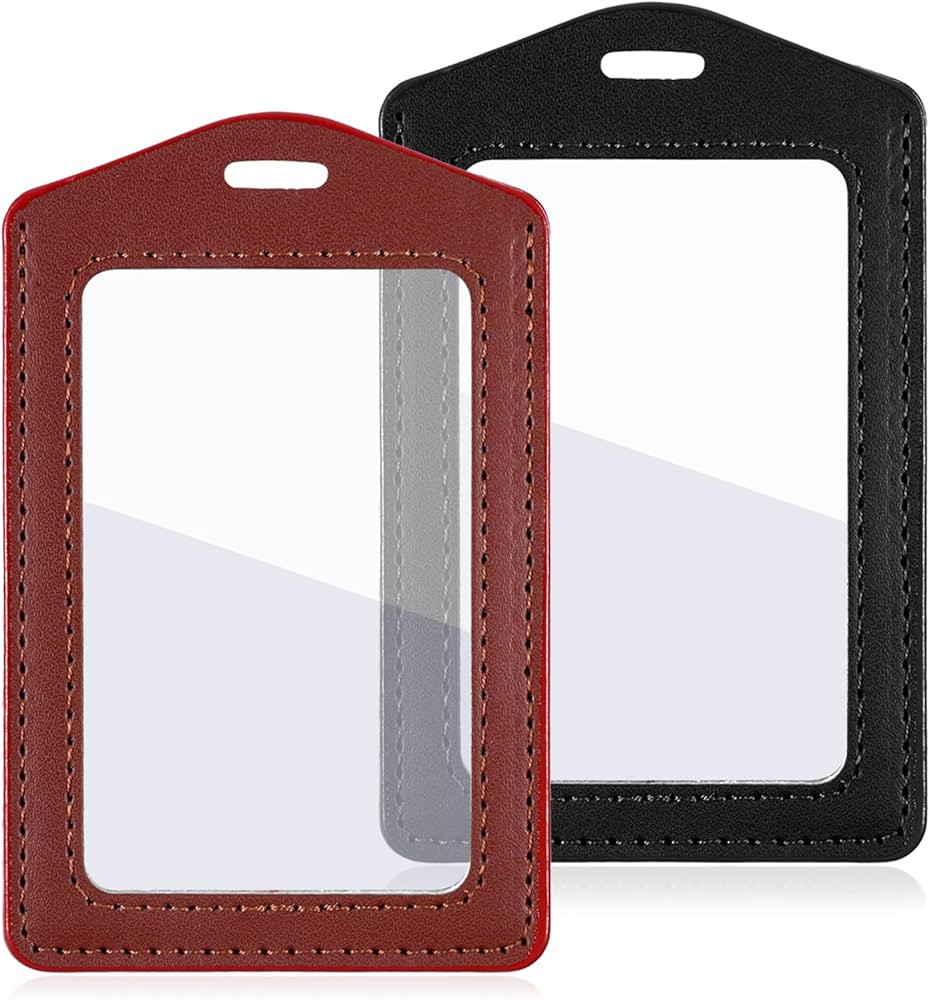 2Pcs Leather Badge Holder, Double Sided Clear Window Badge Holder Vertical ID Card Holders Waterp... | Amazon (US)