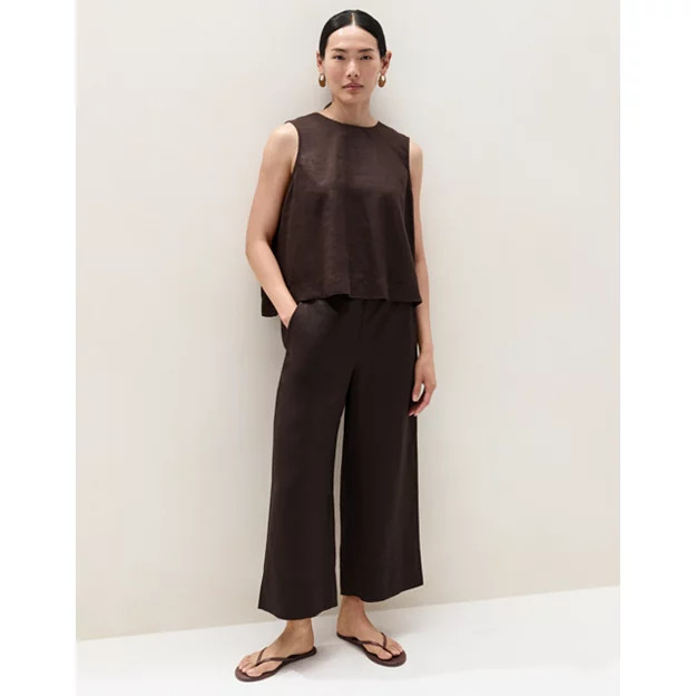The White Company Linen Stitch Detail Cropped Wide Leg Trousers, Navy, Size: 18 | The White Company UK & ROW