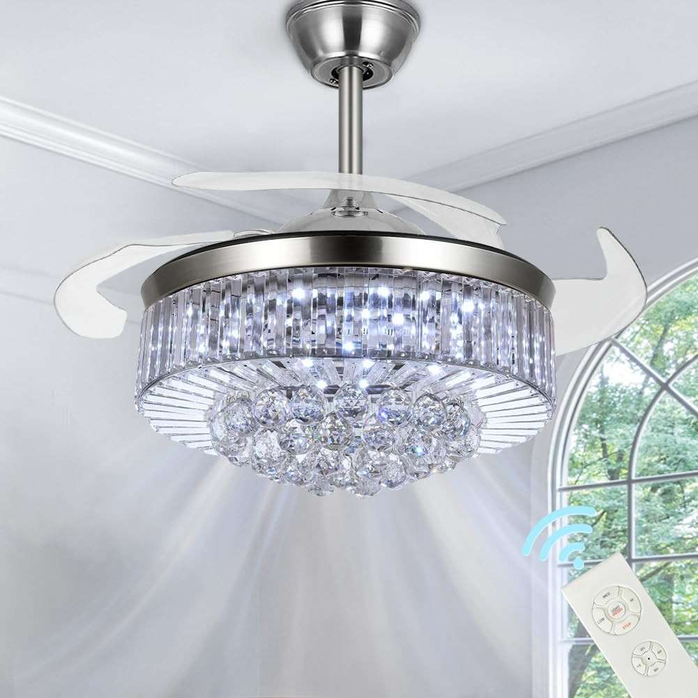 MORE CHANDE 42" Crystal Ceiling Fan with Light and Remote, Modern Silver Chandelier Ceiling Fan w... | Amazon (US)