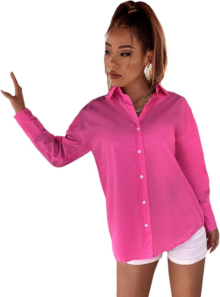 MakeMeChic Women's Solid Drop Shoulder Button Up Long Sleeve Blouse Top | Amazon (US)