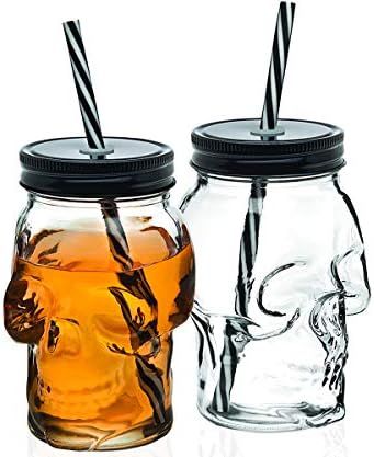 Amazon.com: Skull Mason Jar Mug Glass Tumbler Cup with Cover and Straw - 16oz, Set of 2 : Home & ... | Amazon (US)