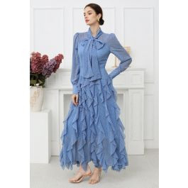 Cascade Ruffle Polka Dot Bowknot Chiffon Maxi Dress in Blue | Chicwish