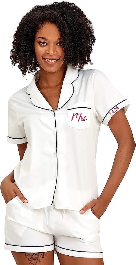 Custom Womens Cotton Pajamas Set Bachelorette Party Embroidered Monogrammed Personalized Short Sl... | Amazon (US)