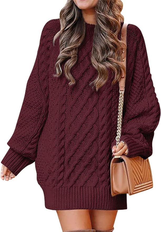 ANRABESS Women Crewneck Long Sleeve Oversized Cable Knit Chunky Pullover Short Sweater Dresses 41... | Amazon (US)