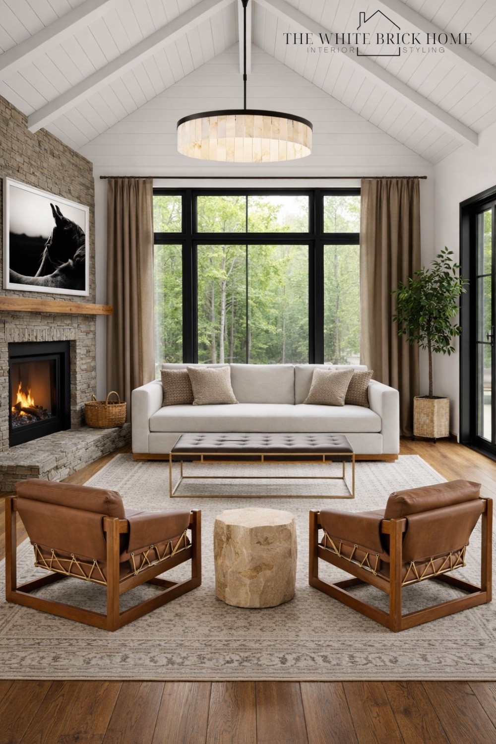 Modern cabin warmth! Clean lines, rich leather, and cozy textures layered against a bright ship lap make a perfect balance of rustic and refined. 
🖤🖤
Living room, living room design,icing room furniture, sofa, couch, side chair, side table,  offer table, living room ideas, area rug, living room rug, living room design, living room decor, home decor, home design, living room rustic, cozy living room, pottery barn, McGee and co 


#LTKSeasonal #LTKHome #LTKSaleAlert