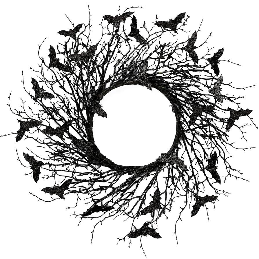 Sggvecsy 17.7"Artificial Black Twig Wreath with Glitter Bats - Handmade Sparkling Hanging Decorat... | Amazon (US)