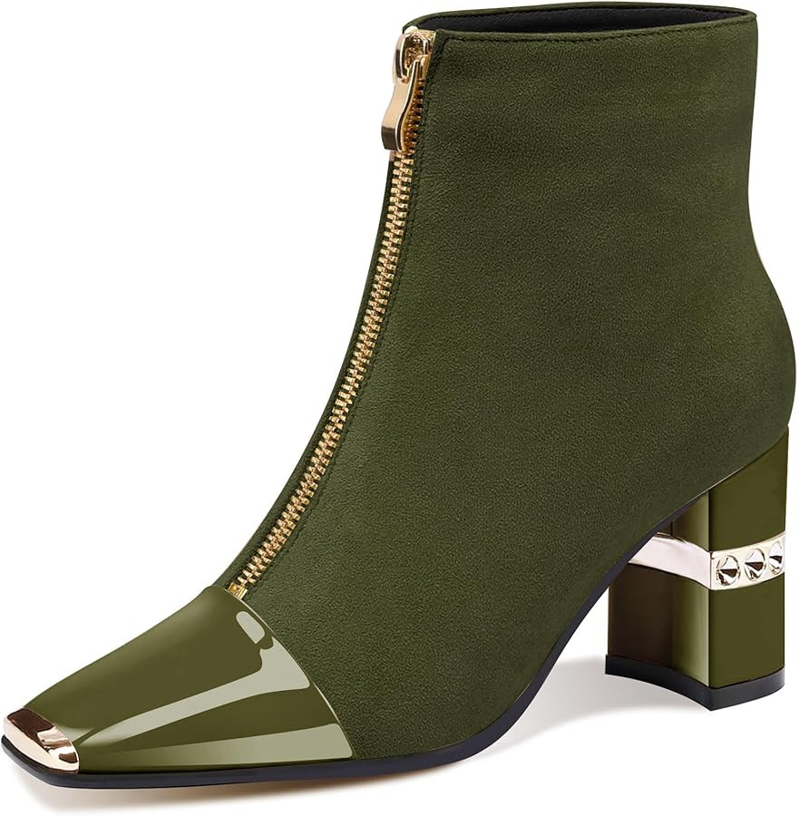 XINIUNIU Women's Ankle Boots Block Chunky Heels Booties Metal Square Toe Suede Front Zipper 3 Inc... | Amazon (US)