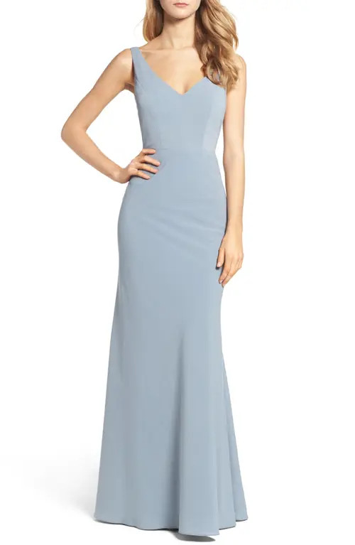 Jenny Yoo Delaney Tie Back V-Neck Gown in Denmark Blue at Nordstrom, Size 10 | Nordstrom