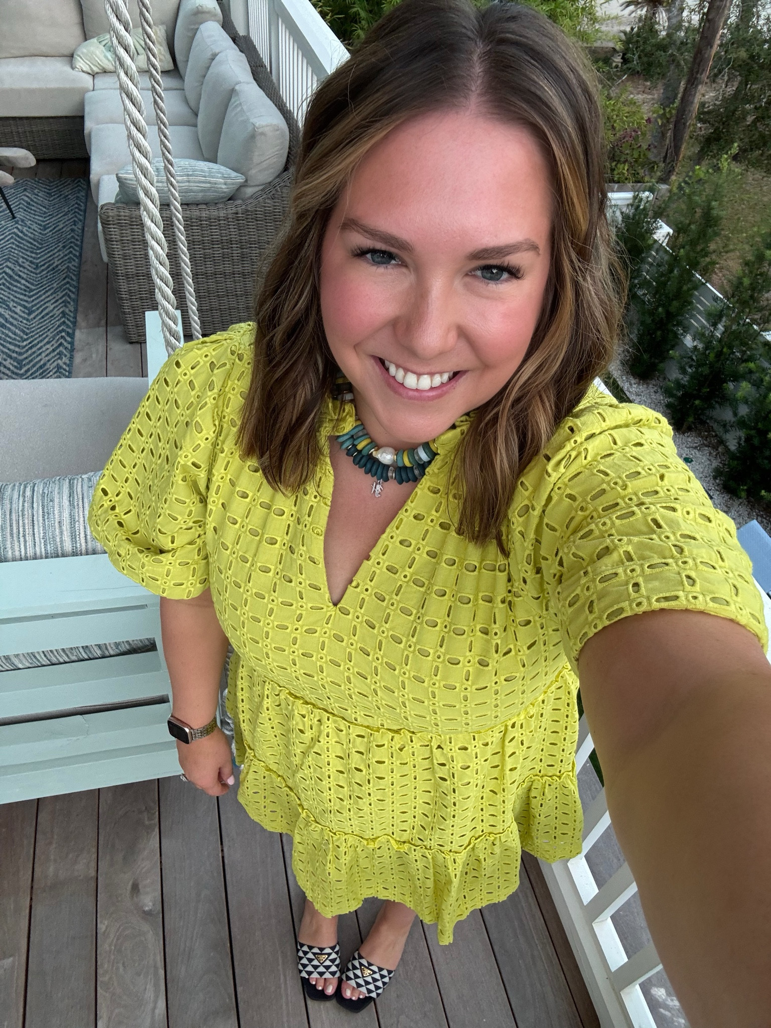 I’ve been waiting to wear this cute eyelet citron colored dress and a beach town in the South felt like the perfect place. I just happened to get these adorable necklaces in this week that match it perfectly. I added my favorite blue and white sandals to tie the colors all together. Great for a warm evening  

#LTKTravel #LTKShoeCrush #LTKMidsize