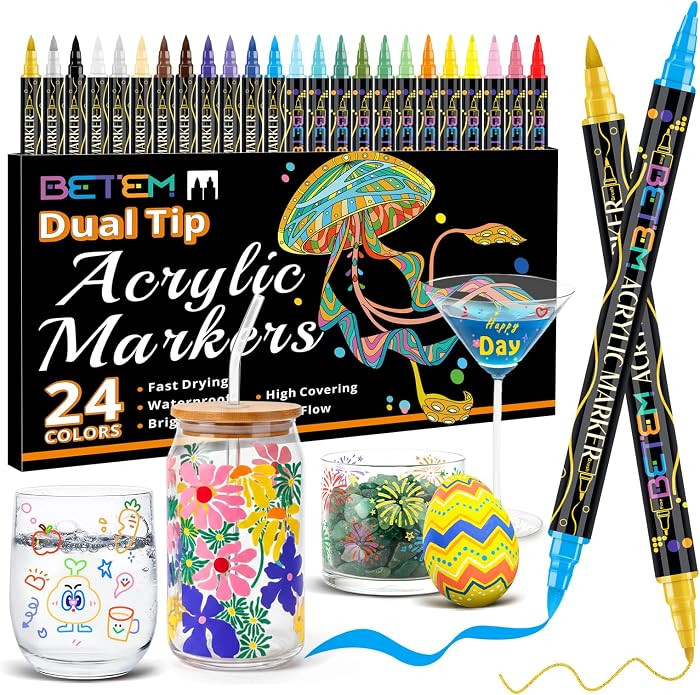 Betem Dual Tip Acrylic Paint Pens, 24 Colors Paint Markers for Glass, Window, Fabric, Wood, Rock,... | Amazon (US)