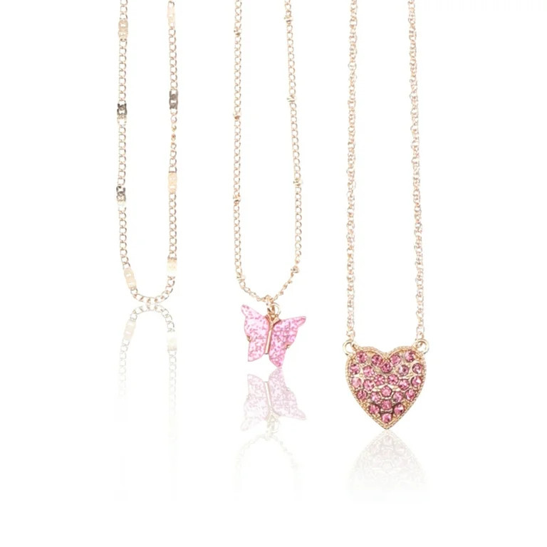 No Boundaries Rhinestone Butterfly and Heart Necklace Set, 3-Pack, Women's | Walmart (US)