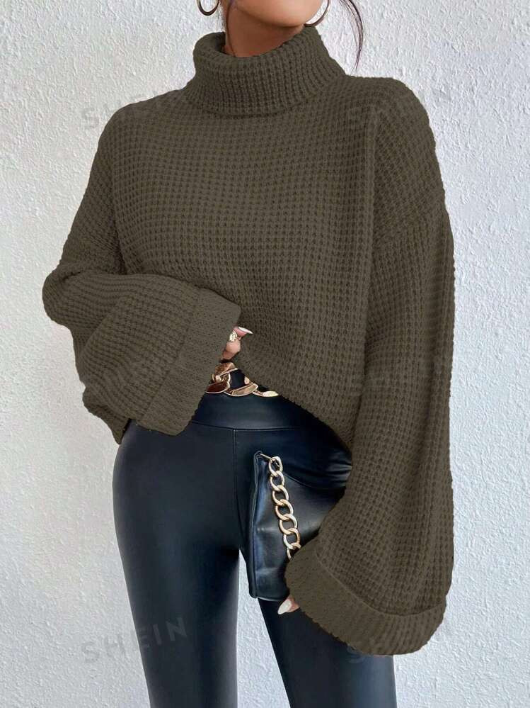 SHEIN Essnce Casual Solid Color High Neck Flare Sleeve Sweater, Autumn/Winter | SHEIN USA | SHEIN