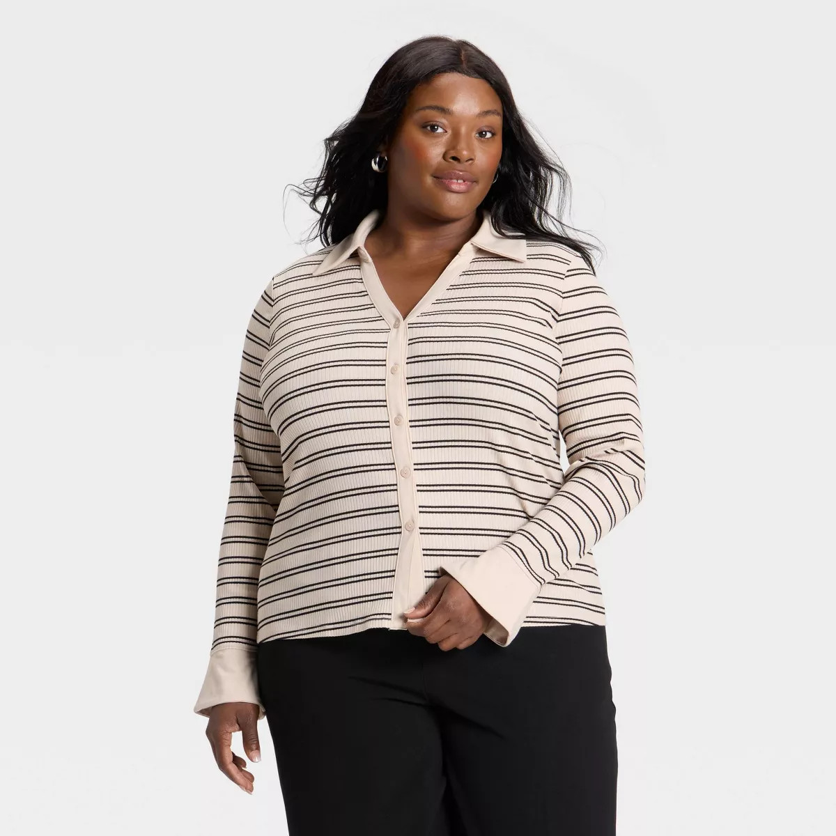 Women's Long Sleeve Collared Rib-Knit Button-Down Shirt - Ava & Viv™ | Target