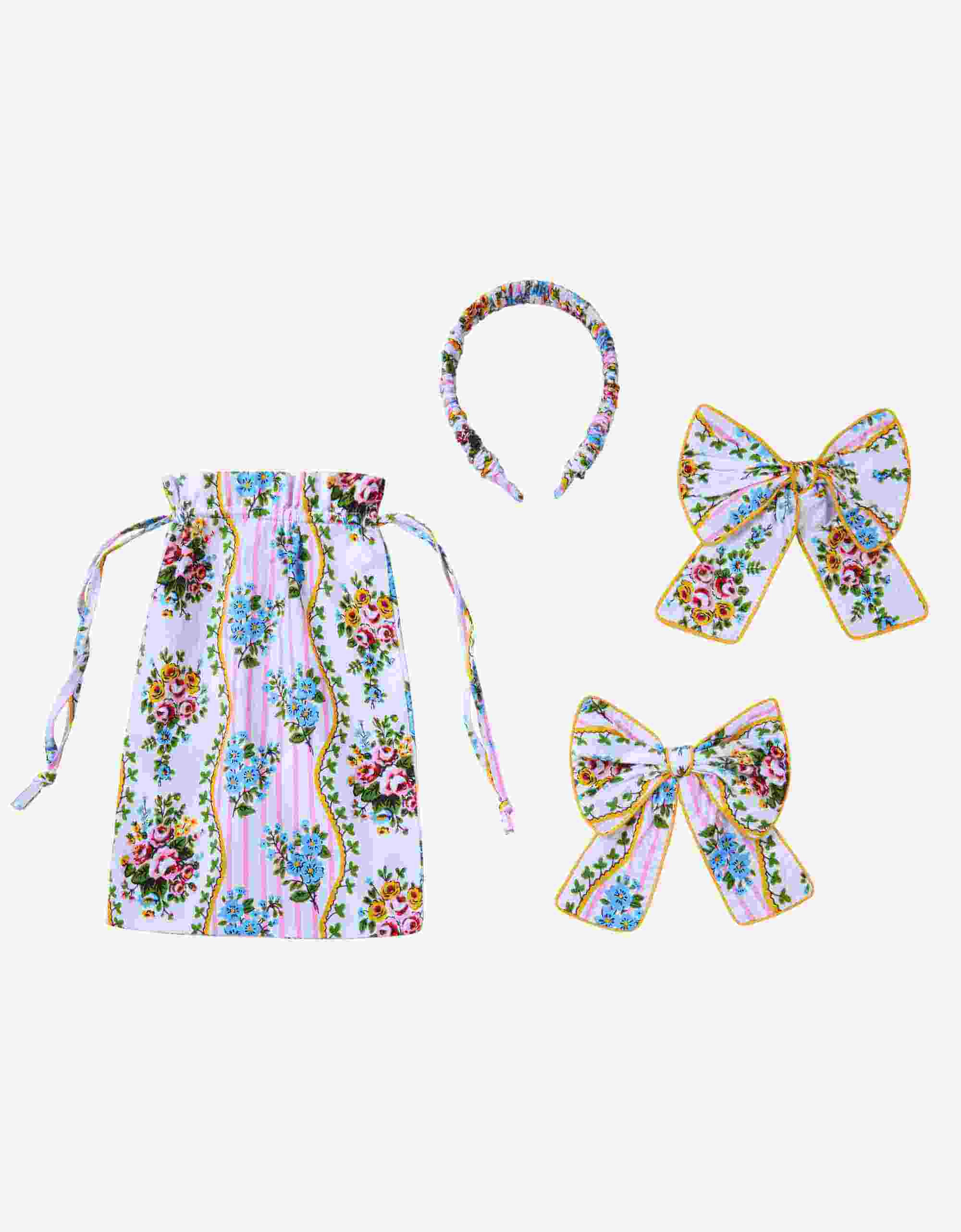 Headband & Bows | Pink, Blue & Yellow Floral | Block Print Cotton | Pink City Prints UK