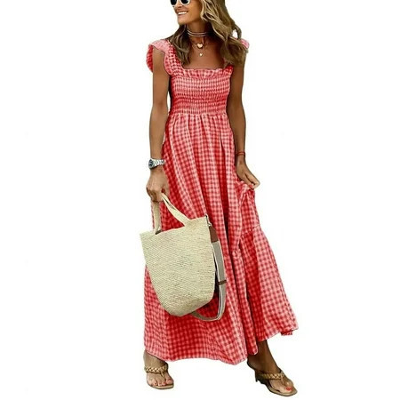 Chouyatou Women's Retro Plaid Smocked Dress Spaghetti Strap Flounce Long Dress(Red,L) | Walmart (US)