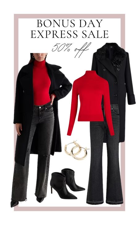 EXPRESS extended Cyber Monday bonus day. $19 deals + 50% off everything
Chic basics and a red top to elevate a holiday stylee
Black coat, black jeans, black booties 

#LTKover40 #LTKHoliday #LTKCyberWeek