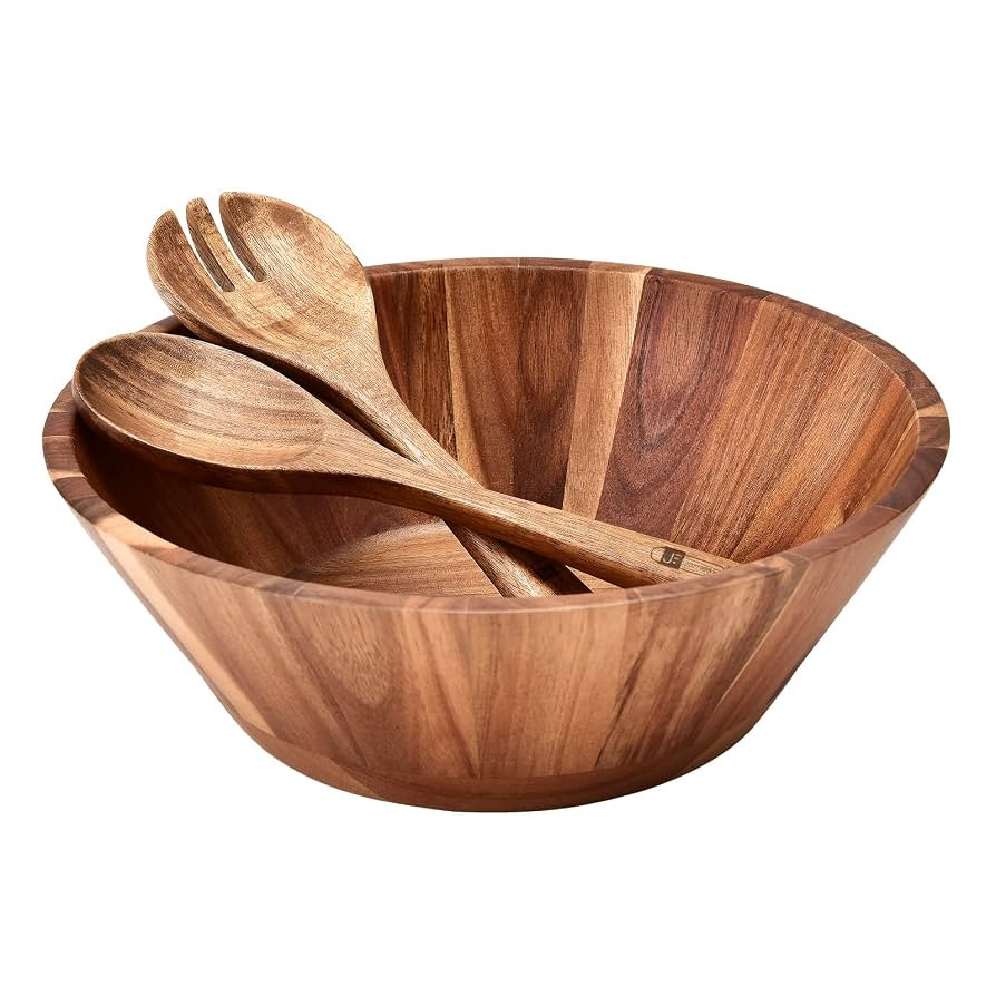 Wooden Salad Bowl, 12'' Acacia Wood Large Salad Bowl Set Big Salad Serving Bowl with Serving Uten... | Amazon (US)
