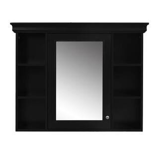 35 in. W x 28 in. H Rectangular Wood Wall Mounted Medicine Cabinet with Mirror Door, 6 Open Shelves, Black | The Home Depot
