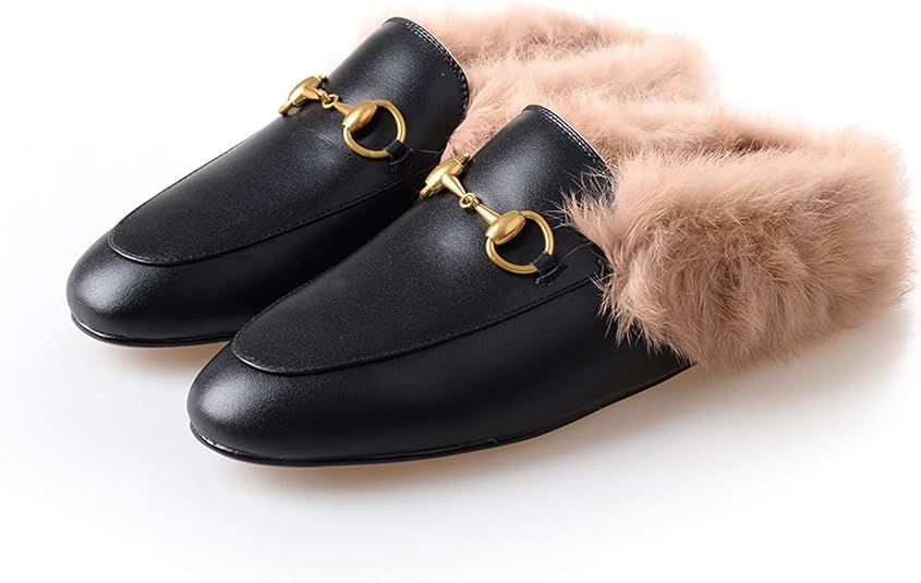 QPAO Mules for Women,Womens Leather Slip On Low Heel Fur Loafers Slippers | Amazon (US)