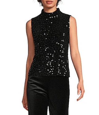 J.McLaughlin Leeza Sequin Velour Knit Mock Neck Sleeveless Top - L | Dillard's