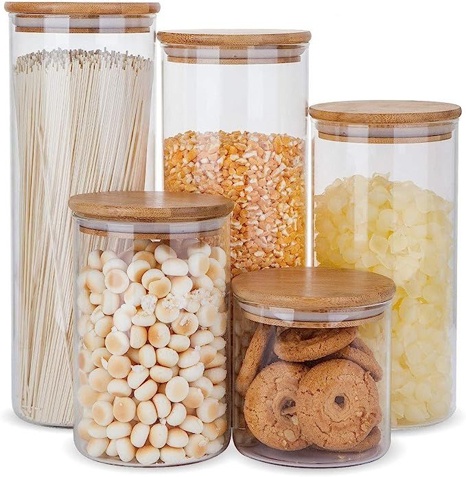 Glass Food Storage Containers Set,Airtight Food Jars with Bamboo Wooden Lids - Set of 5 Kitchen C... | Amazon (US)