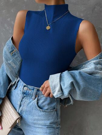 SHEIN Essnce Mock Neck Ribbed Knit Tank Top | SHEIN
