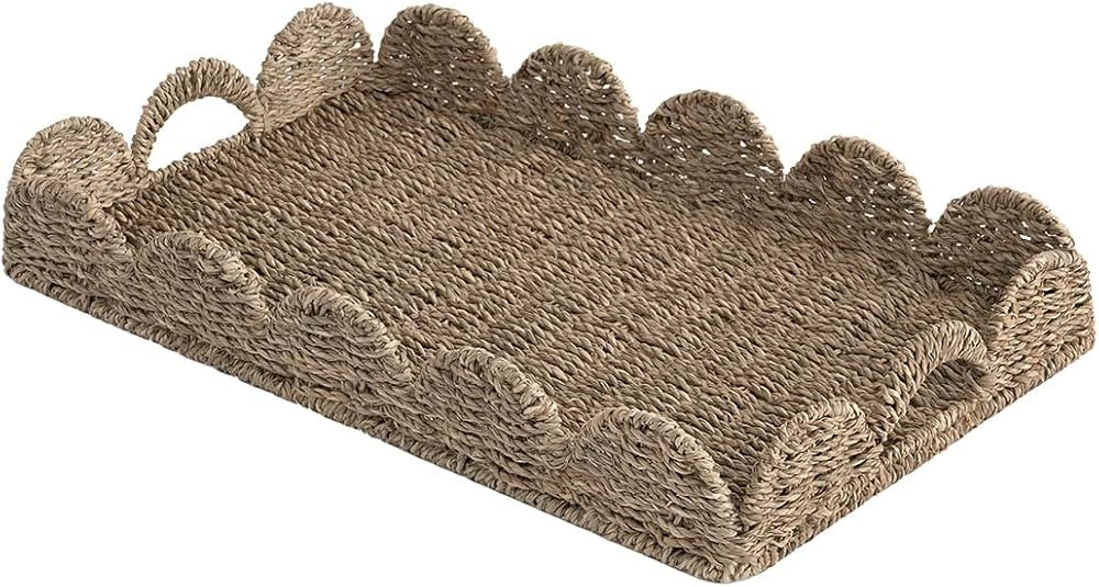 Amazon.com: StorageWorks Large Wicker Scalloped Edge Serving Tray, Rectangle Tray with Built-in H... | Amazon (US)