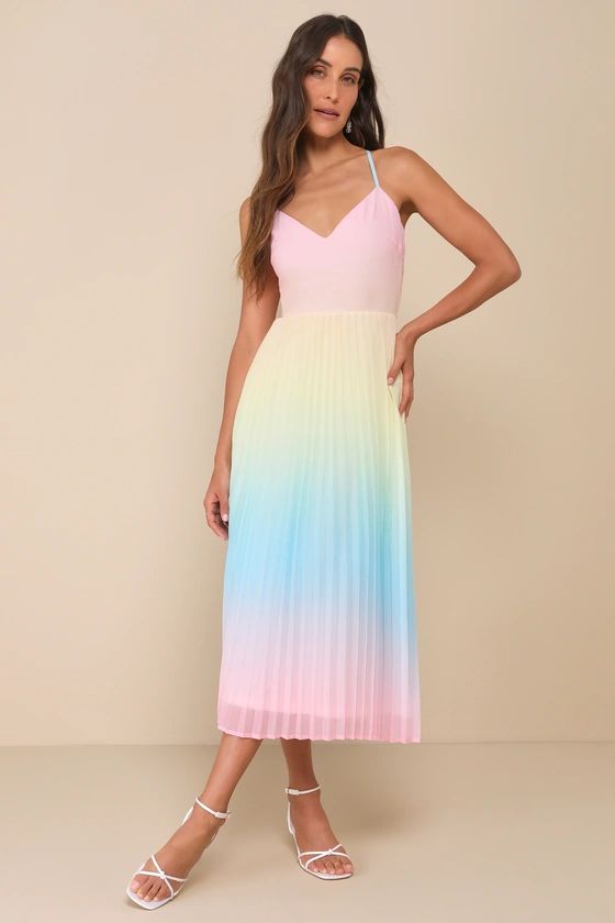 Sweetly Trendy Pink Multi Ombre Pleated Tie-Back Midi Dress | Lulus