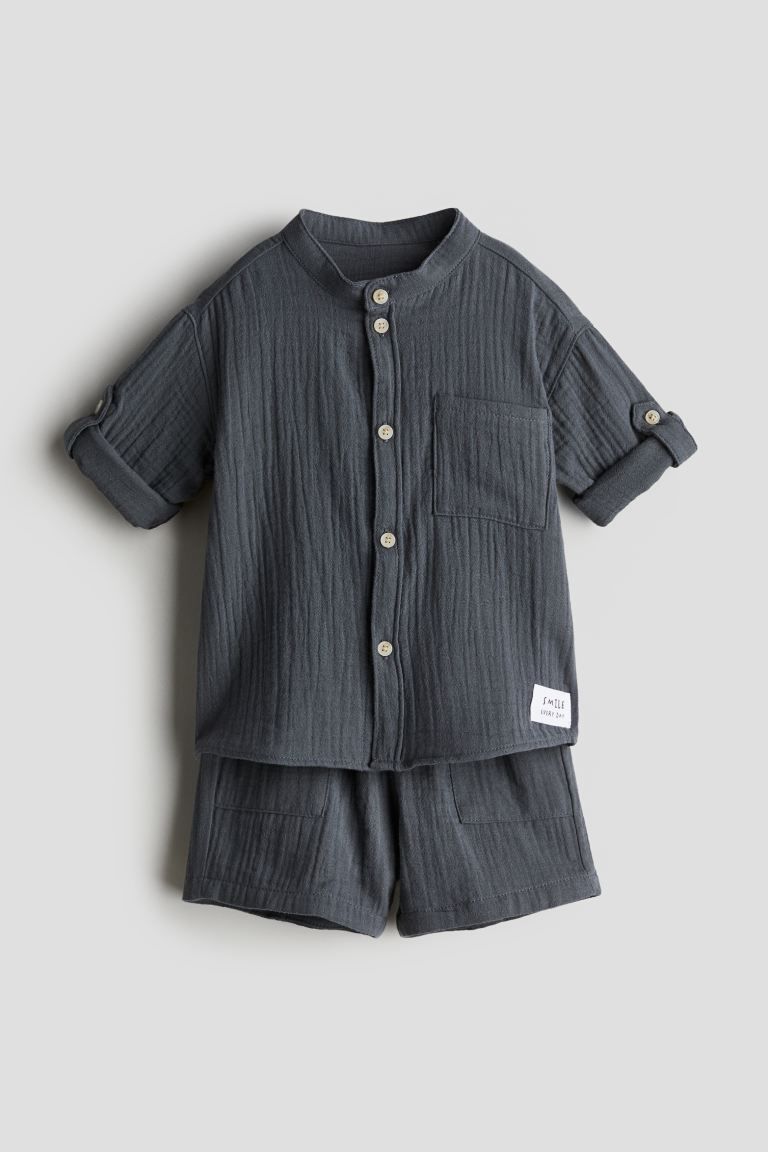 2-piece Cotton Muslin Set - Regular waist - Long sleeve - Dark gray - Kids | H&M US | H&M (US + CA)