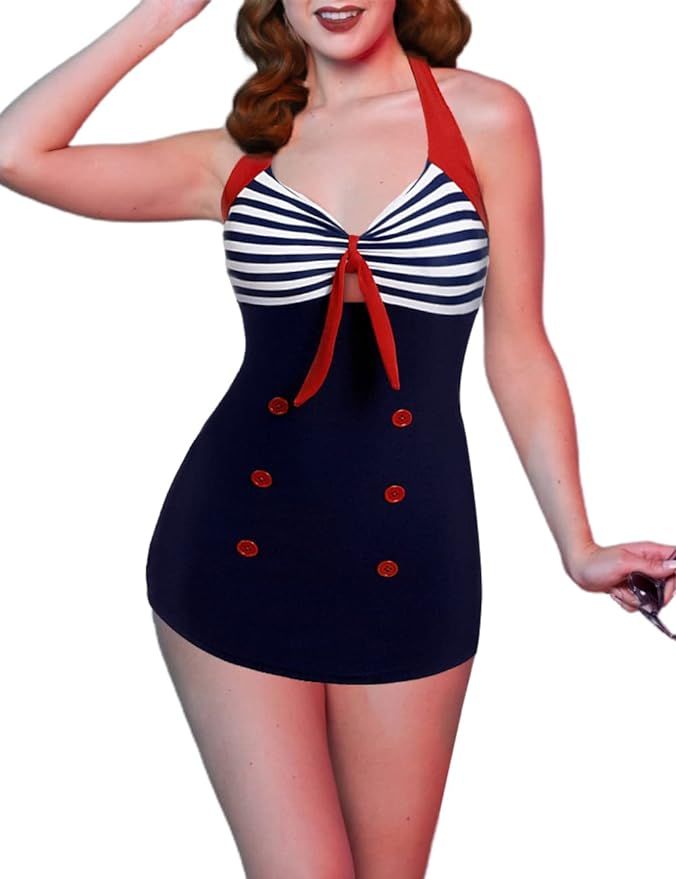 Ekouaer Womens Vintage Striped One Piece Swimsuit Monokini Boyleg Bathing Suit Swimwear | Amazon (US)