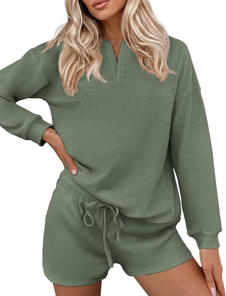 Ekouaer Waffle Pajamas Sets for Women Comfy 2 Piece Loungewear V Neck Top and Shorts Cozy Lounge ... | Amazon (US)