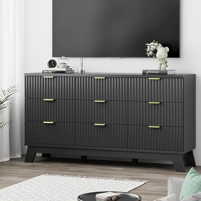 Fluted Dresser for Bedroom with 9 Drawers, 57" Wide Chest of Drawers with Metal Handle, Modern Wo... | Amazon (US)