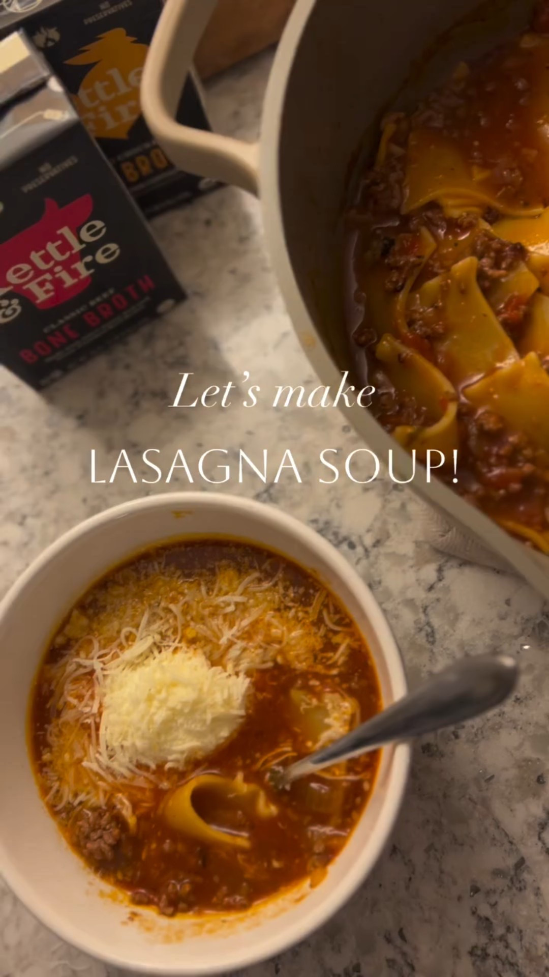 Comment SOUP for this This yummy, one pot lasagna soup! It will quickly become your new favorite comfort meal! It’s so easy, packed full of protein and so flavorful! I’ve included the full recipe below too! 

Lasagna Soup 🥣 
1 pound ground beef or Italian sausage (or a mix of the two)
1 small onion diced 
1 teaspoon minced garlic
1 tablespoon olive oil
2 tablespoons tomato paste
1 teaspoon Italian seasoning 
2 16.9oz @kettleandfire Chicken Bone Broth
1 16.9oz Kettle and Fire Beef Bone Broth 
1 24oz Marinara Sauce
10 lasagna noodles 
Ricotta cheese
Mozzarella Cheese
Parmesan Cheese

🥣In a large soup pot, brown hamburger or sausage and drain grease. 
🥣Add 1 diced onion, 1 teaspoon minced garlic, 1 teaspoon Italian seasoning, 2 tablespoons tomato paste nd 1 tablespoon olive oil and sauté together. 
🥣Pour in 2 16.9oz Kettle and Fire chicken broth, 1 16.9oz Kettle and Fire Beef broth and one 24oz jar of marinara. Mix well and bring to a boil. 
🥣Once soup is boiling, break up 10 lasagna noodles into small pieces and reduce to medium-low heat. Stirring frequently, cook just until noodles are tender. 
🥣Remove soup from heat. Once you’re ready to serve, add soup to bowls and top with a dollop of ricotta, mozzarella and Parmesan cheese. Enjoy!!