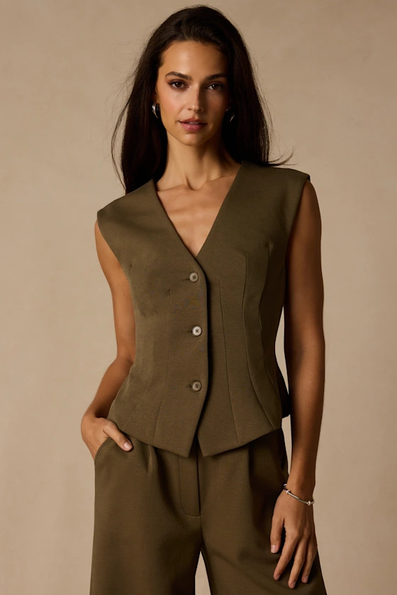 Greta Olive Button-Up Vest Top | Lulus
