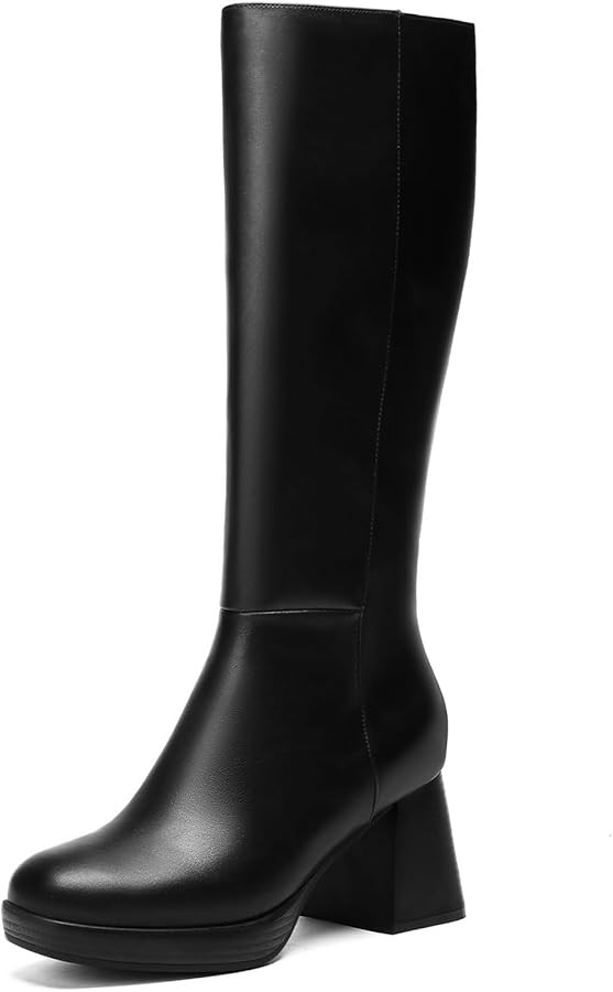 Wide Calf Knee High Boots for Women, Square Toe Block Heel Tall PU Leather Fashion Boots | Amazon (US)