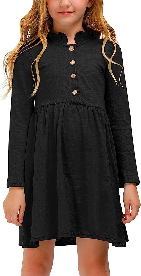 Amazon.com: BesserBay Fall Basic Black Ruffled Button-Down Midi Flare Dress for Girls 11-12 Years... | Amazon (US)