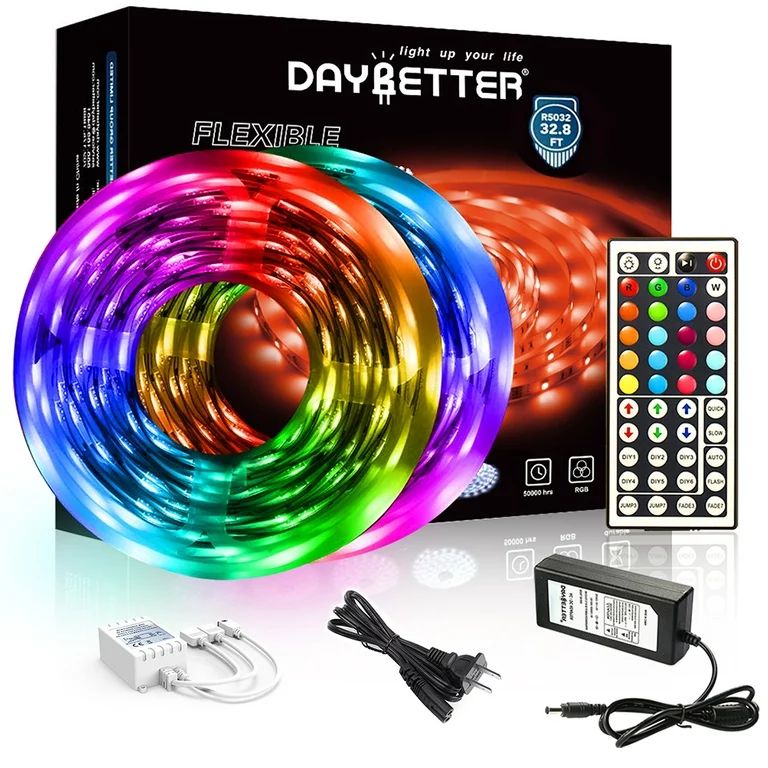 DAYBETTER  LED Strip Light 32.8ft 5050RGB Color Changing,with 44 Key Remotewith and 12V Power Sup... | Walmart (US)