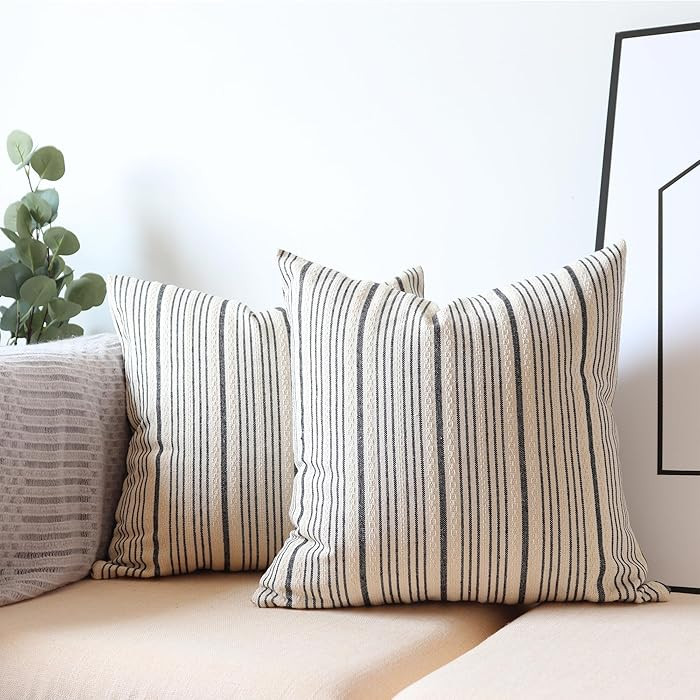 Black Pillow Covers Linen Farmhouse Throw Pillow Covers Outdoor Striped Decorative Square Throw P... | Amazon (US)